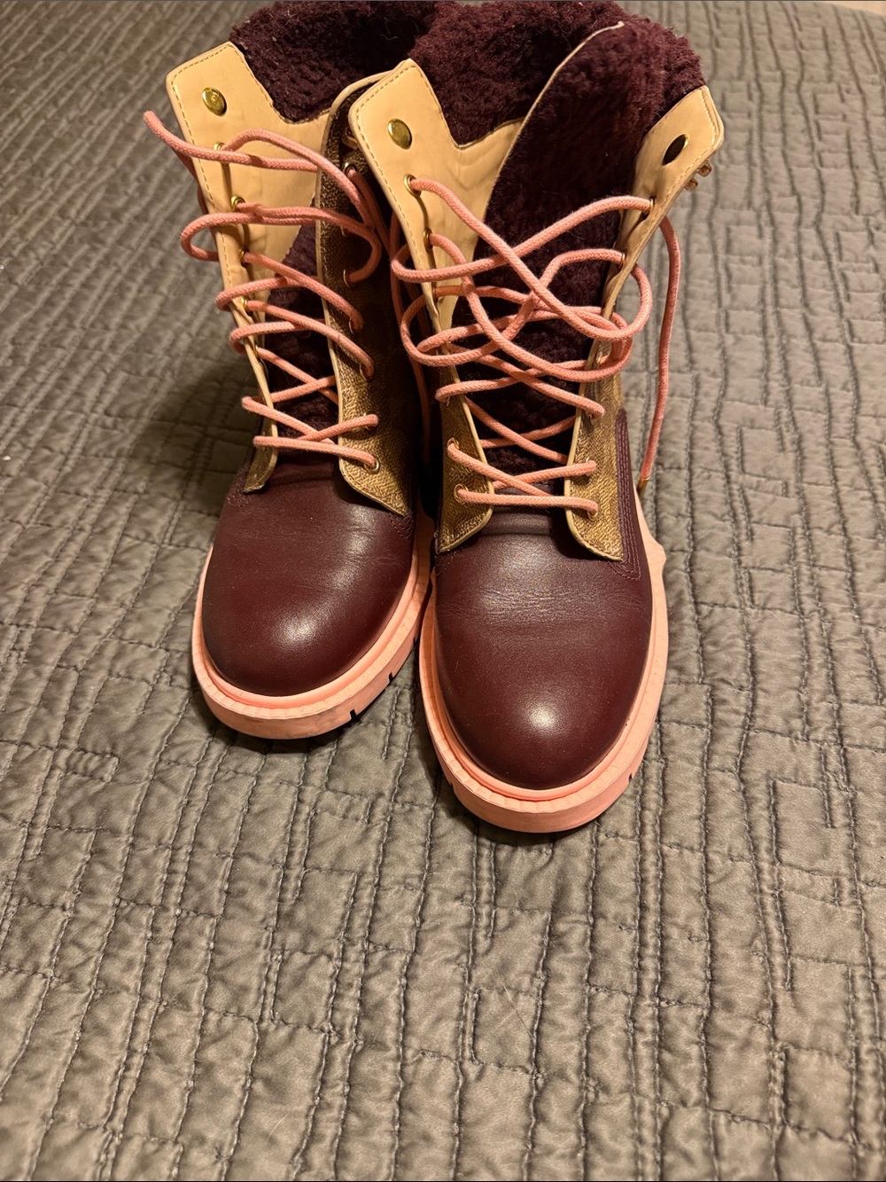 Coach Burgundy and Pink Lace-Up Women's Boots